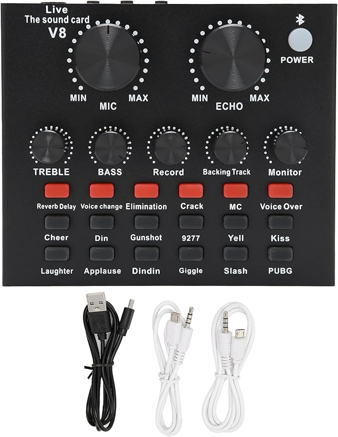V8 Sound Card for Live Streaming – 2 Channels with Multiple Voice Changer Effects and 1200mAh Battery for Smartphones and Computers Image