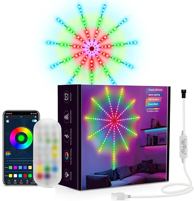 Smart Firework LED Lights | USB Powered Room Decor | Color Changing Fireworks LED with Launch Burst Effect & RGB Strip Lights for Bedroom | Remote & App Control Image