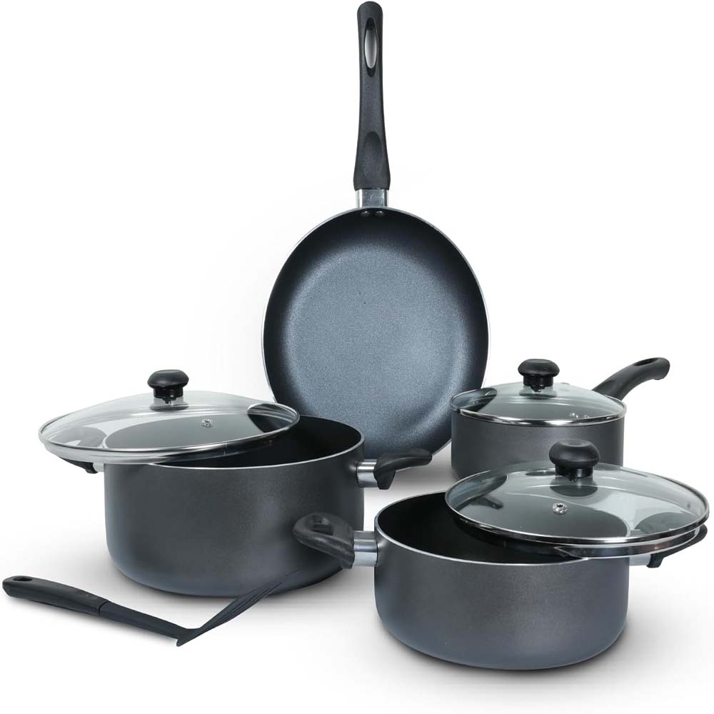 10-Piece Nonstick Cookware Set - Aluminum, Glass Lids, Casserole, Saucepan, Frypan, Nylon Turner, Dishwasher Safe (Black) Image