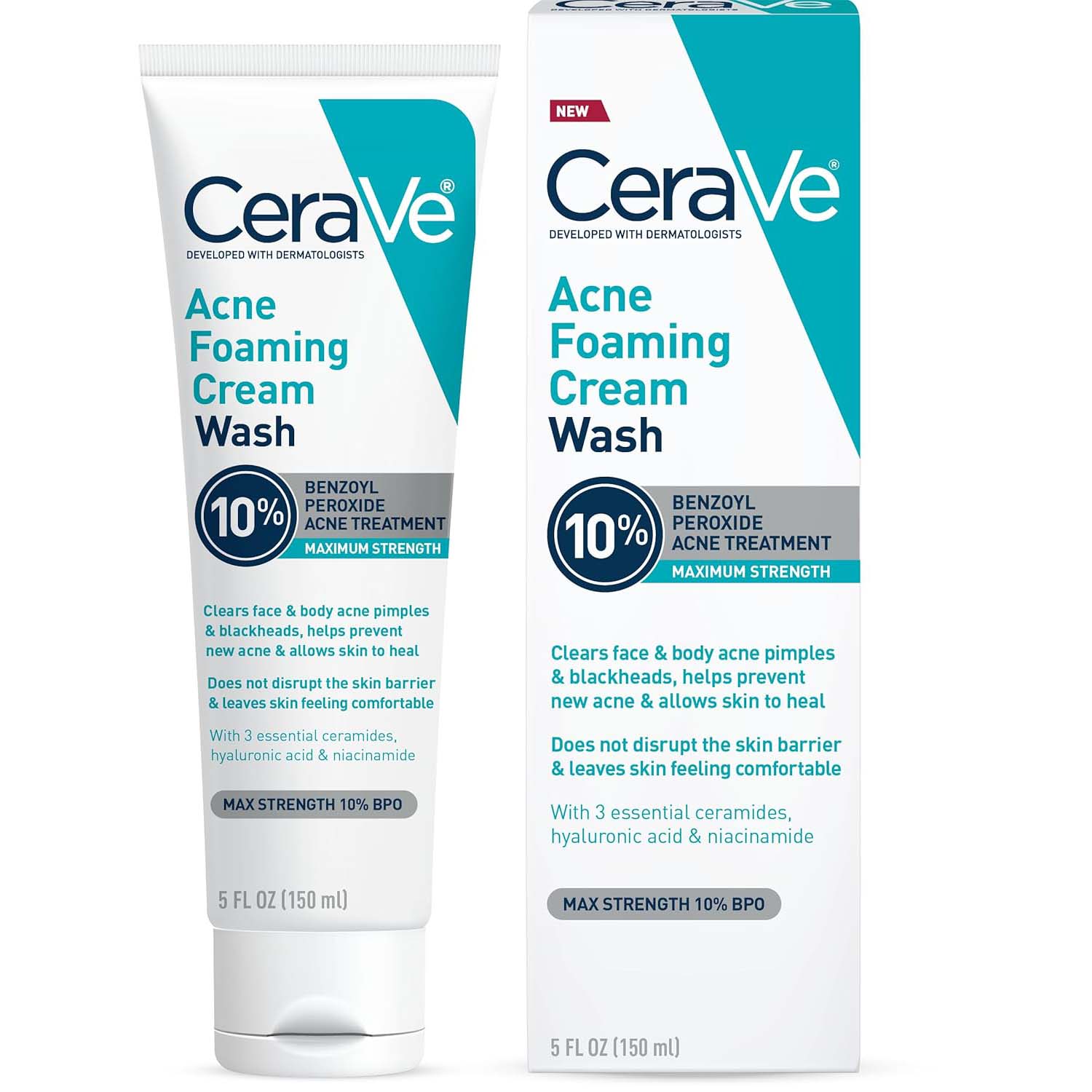 CeraVe Acne Foaming Cream Wash with 10% Benzoyl Peroxide. Treats breakouts on face & body, gentle with Niacinamide & Hyaluronic Acid. Image