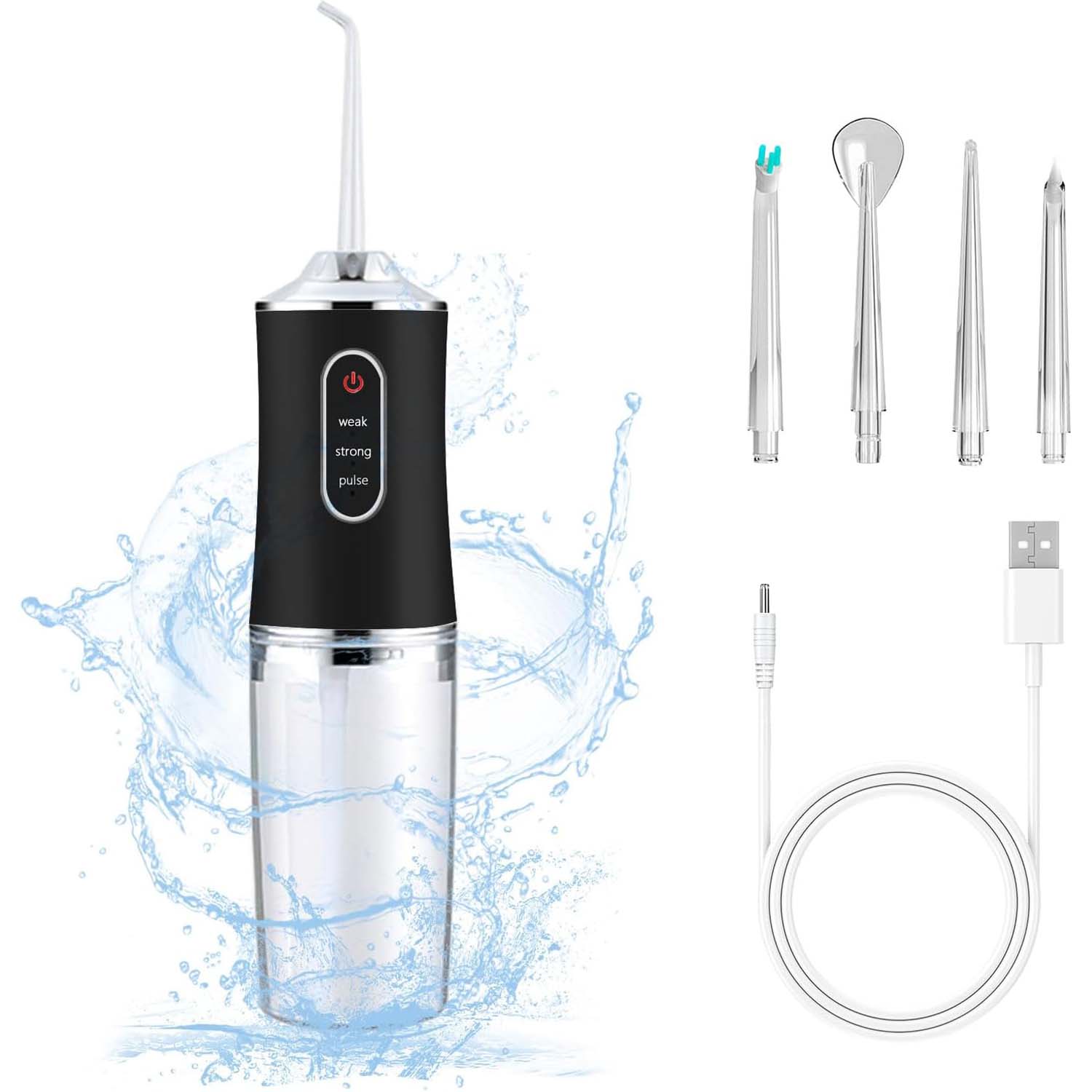Cordless Electric Water Flosser. 3-mode portable oral irrigator with 4 jet tips for teeth, braces & tonsil stones. Rechargeable. Image