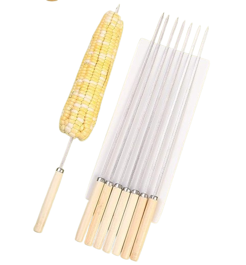6 Pcs Kebab Skewers | Barbecue Skewers with Wooden Handle | Reusable Stainless Steel Metal BBQ Kabab Sticks Image