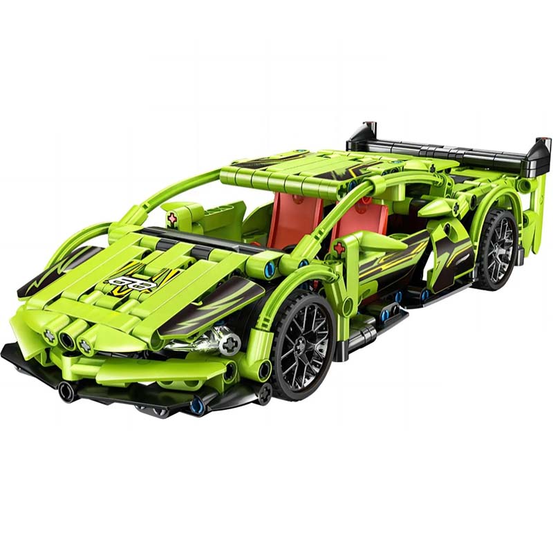 Come Alive Tech Sport Racing Car Building Set. 439-piece green DIY bricks with pull-back function for kids. STEM construction toy. Image