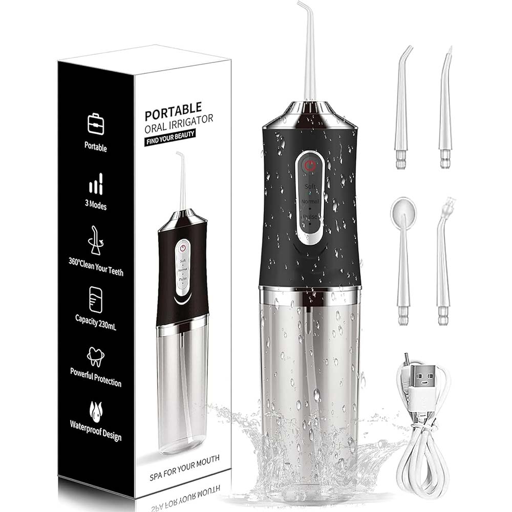 Cordless Electric Water Flosser 3-mode portable oral irrigator with 4 jet tips for teeth, braces & tonsil stones. Rechargeable. Image